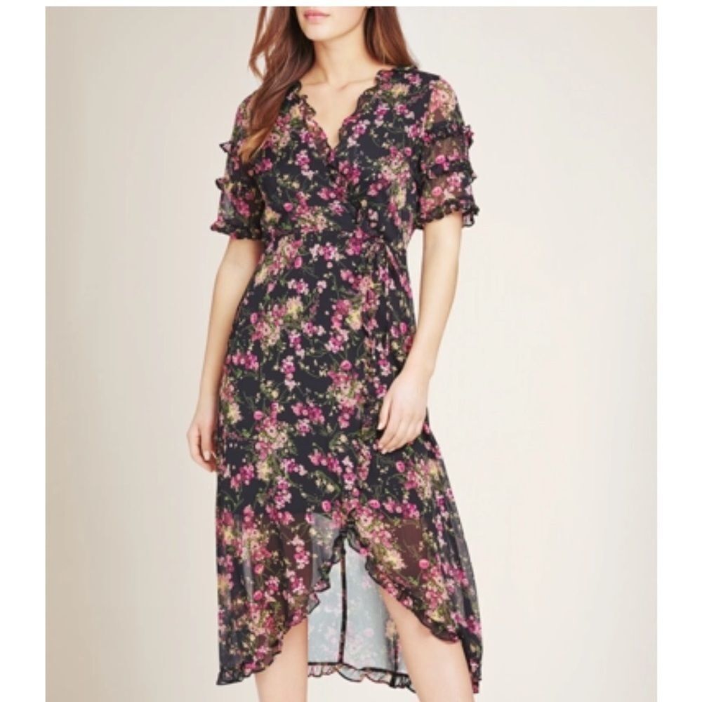 KENSIE FLORAL HI LOW RUFFLED HEM FIT & FLARE DRESS